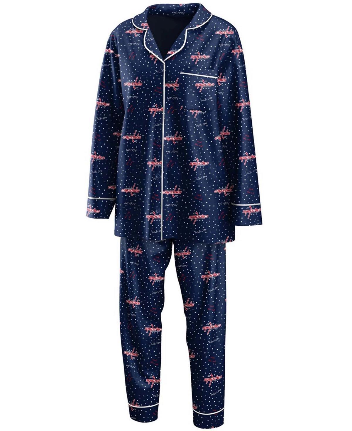 Womens WEAR by Erin Andrews Washington Capitals Long Sleeve Button-Up Shirt & Pants Sleep Set Blue Product Image