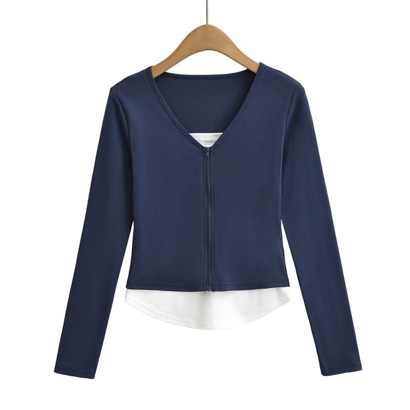 Long Sleeve V-Neck Plain Mock Two Piece Crop T-Shirt Product Image