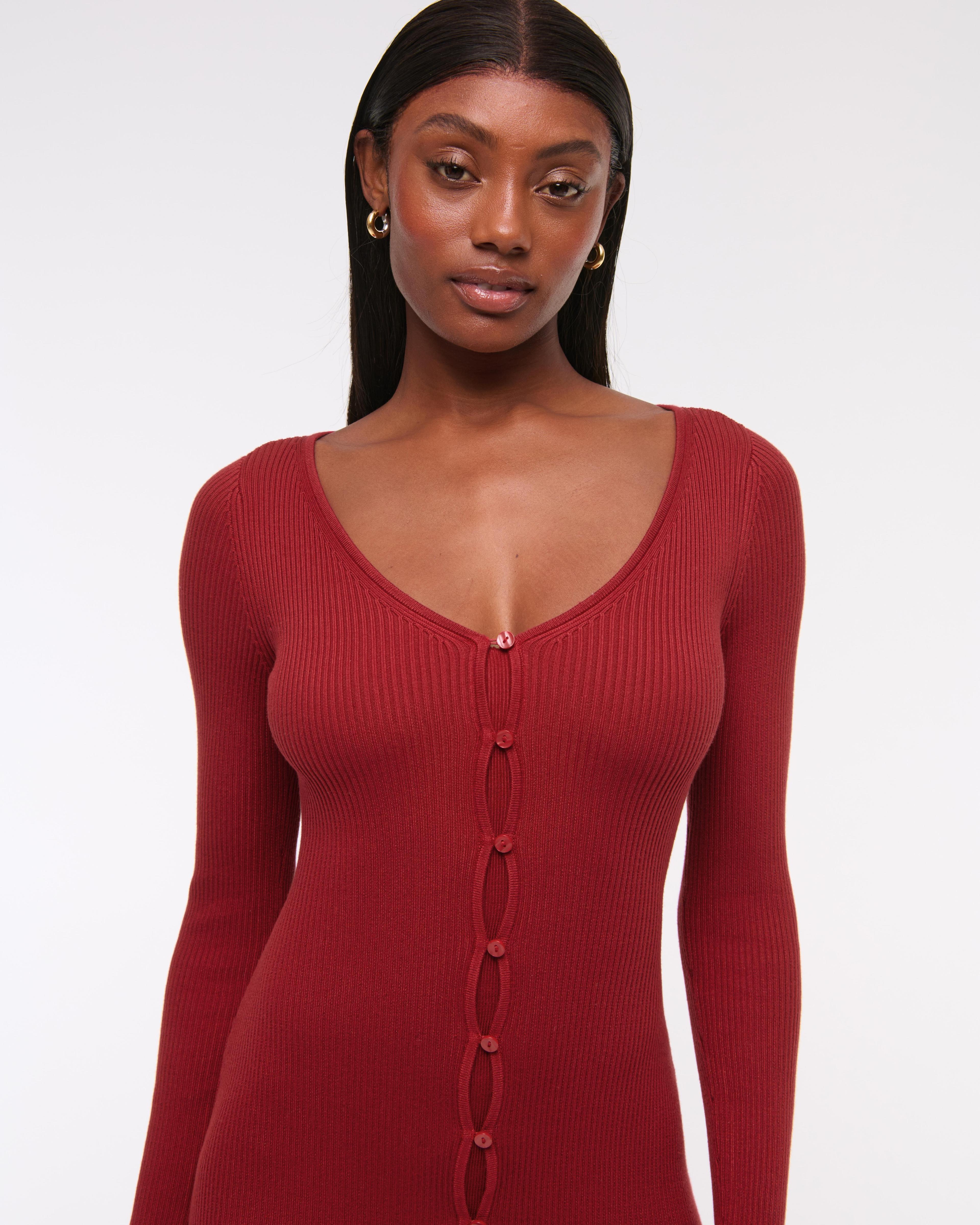 Long-Sleeve Deep-V Mini Sweater Dress Product Image