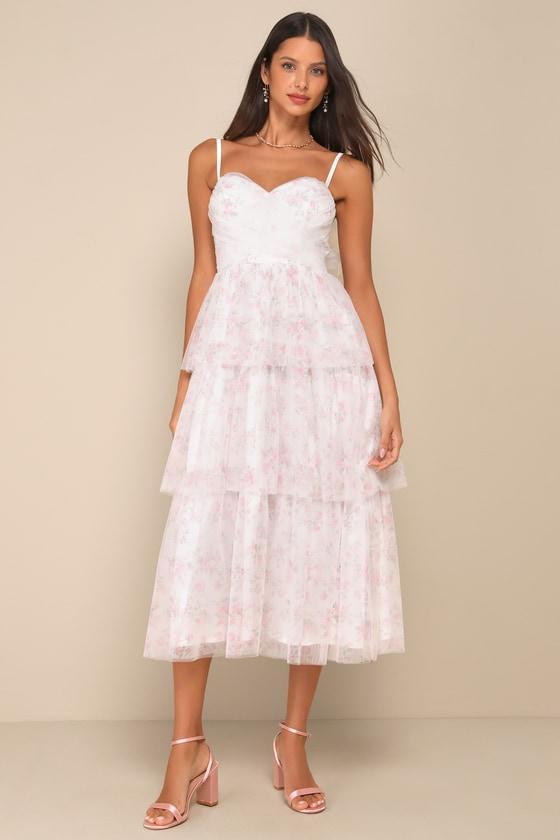 Romantic Babe White Floral Mesh Sleeveless Midi Dress Product Image