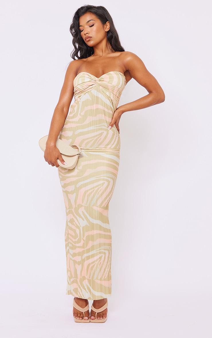 Beige Zebra Print Plisse Knot Bandeau Maxi Dress Product Image