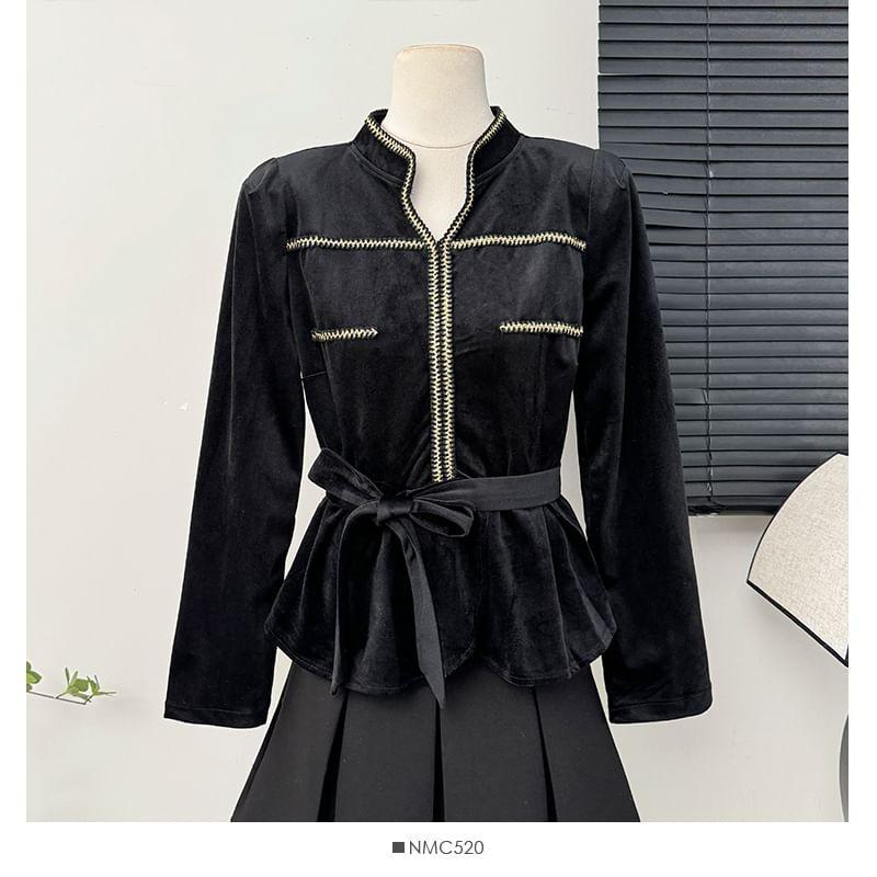 Glitter-Trim Mandarin-Collar Peplum Blouse with Sash product image