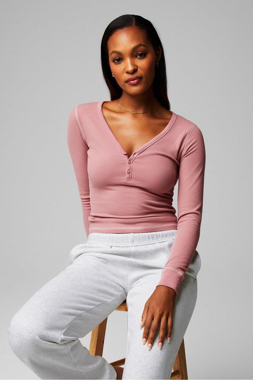 Fabletics Long-Sleeve Waffle Henley Womens pink Size L Product Image