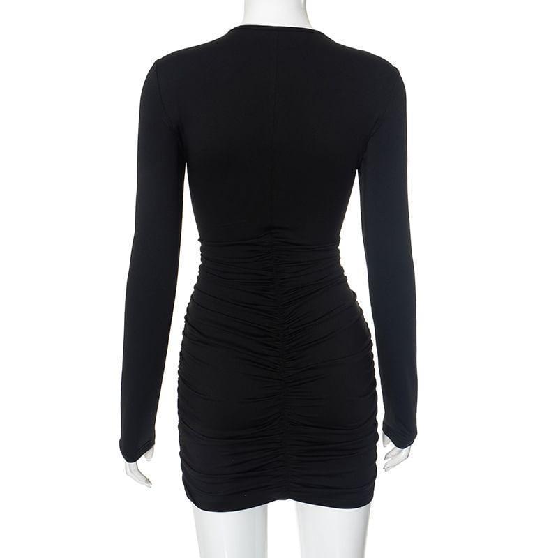 Long-Sleeve Plain Cutout Ruched Mini Sheath Dress Product Image