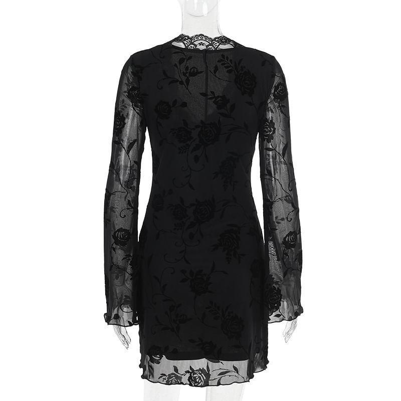 Long Sleeve V Neck Floral Lace Bodycon Mini Dress Product Image