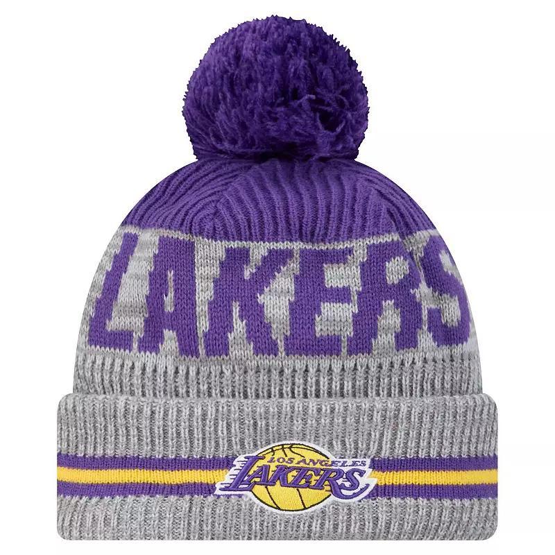 Mens New Era Gray Los Angeles Lakers Sport Night Runner Cuffed Knit Hat with Pom Product Image