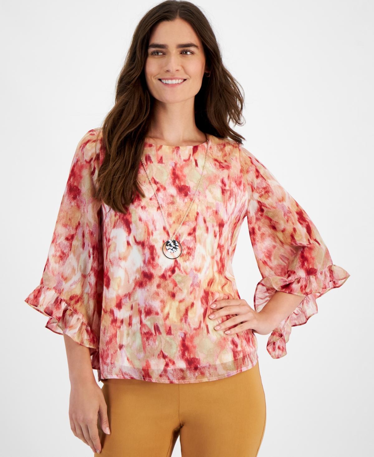 Jm Collection Womens Texture Garden Printed Ruffled Necklace Top, Created for Macys Product Image