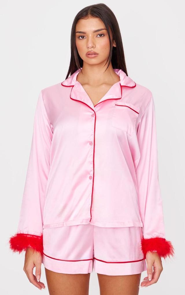 Pink Satin Contrast Feather Trim Short Pj Set Product Image