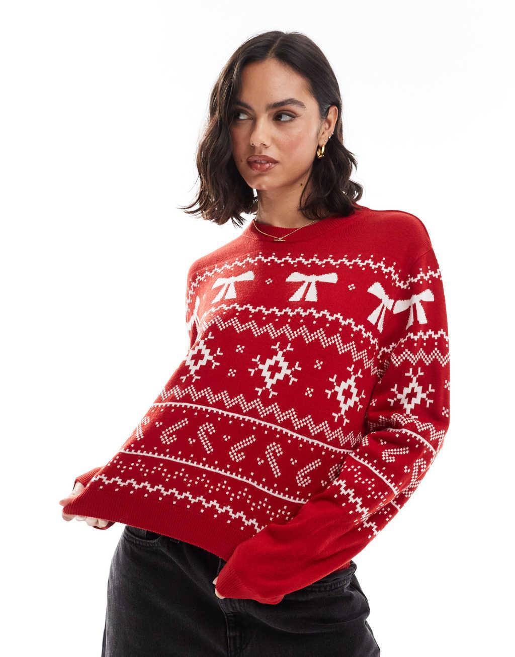 ASOS DESIGN crew neck christmas sweater with fairisle pattern in red and cream Product Image