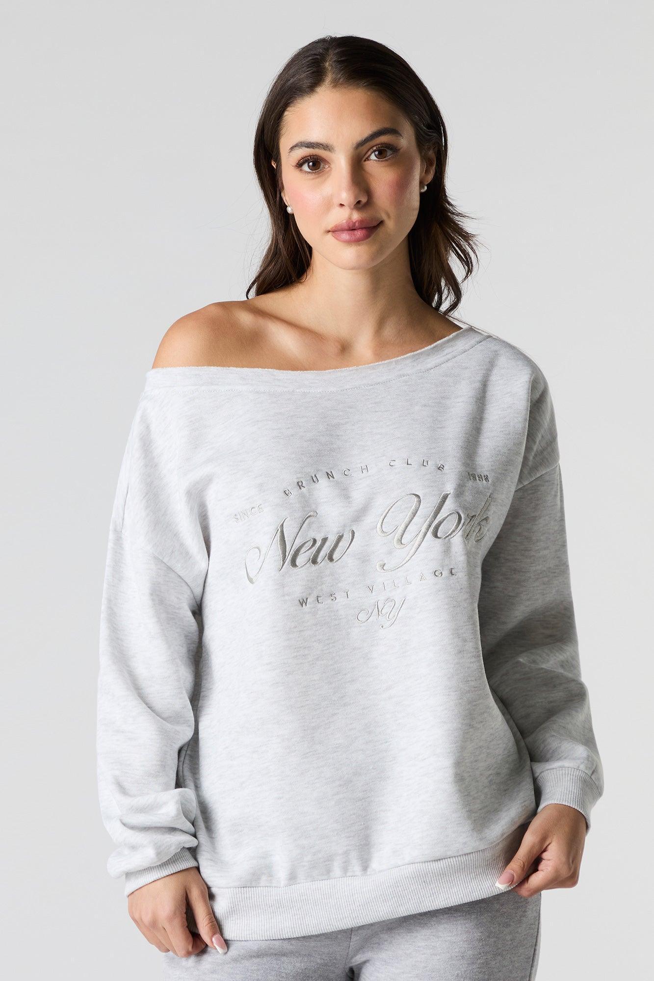 City Embroidered Off Shoulder Fleece Sweatshirt Female Product Image