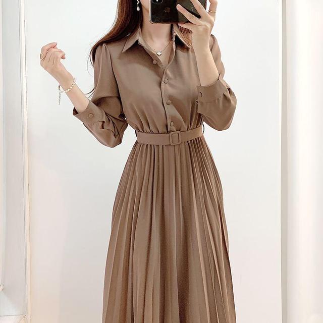 Long Sleeve Collared Plain Pleated Belted Button Midi A-Line Dress Product Image