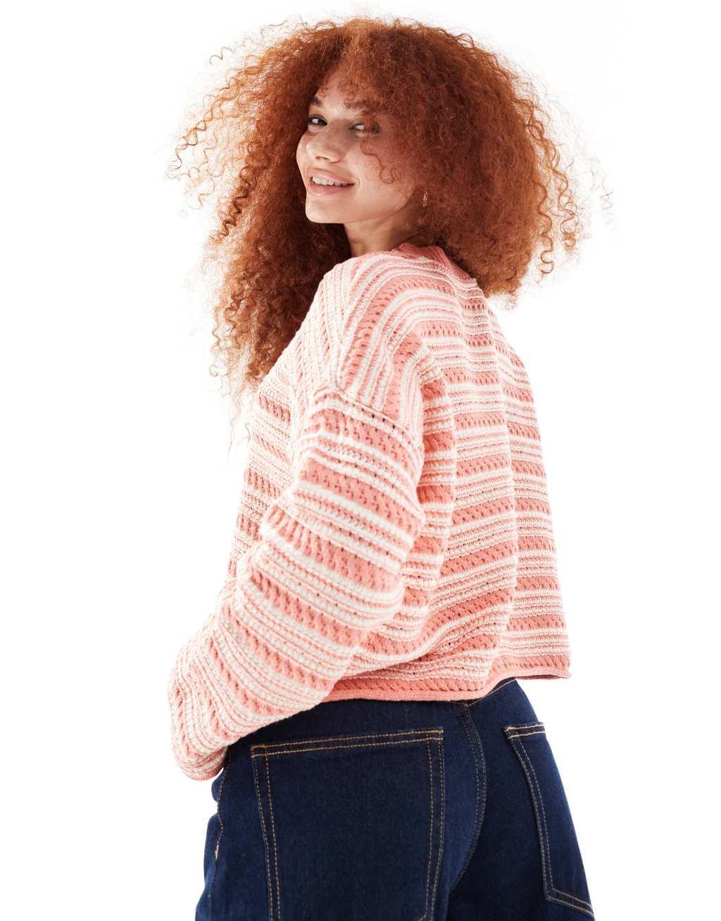 ASOS DESIGN cropped crew neck stitch sweater in peach stripe Product Image