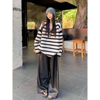 Oversized Striped V-Neck Sweater / Faux-Leather Wide-Leg Pants Product Image