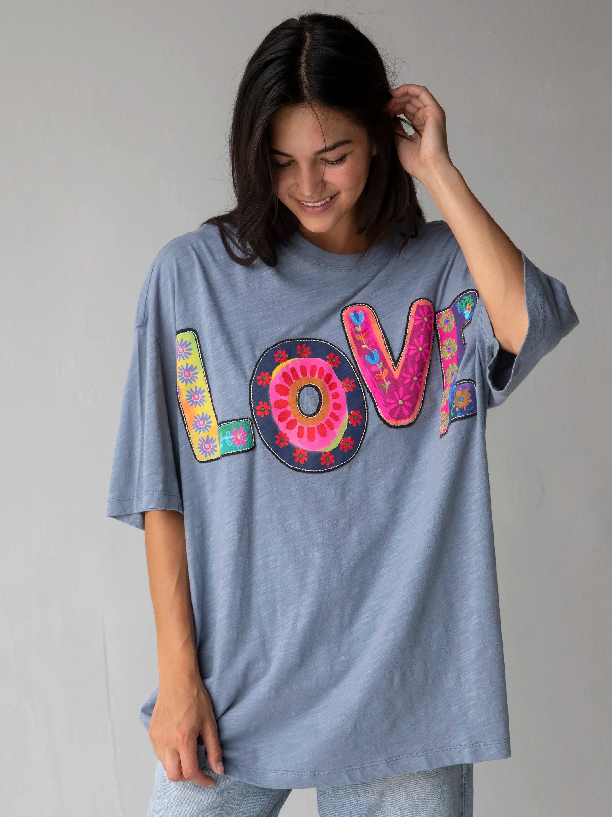 Oversized Cotton Applique Tee - Dusty Blue Love Product Image