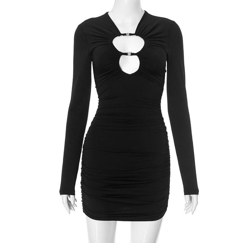 Long-Sleeve Plain Cutout Ruched Mini Sheath Dress Product Image