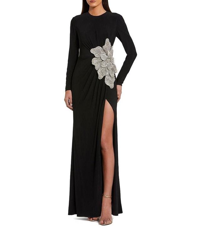 Mac Duggal Long Sleeve Embellished Flower Applique Jersey Gown Product Image