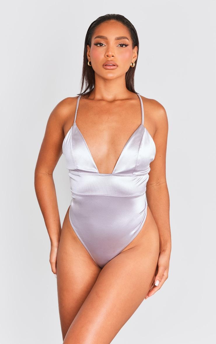 Silver Satin Plunge Bodysuit Product Image