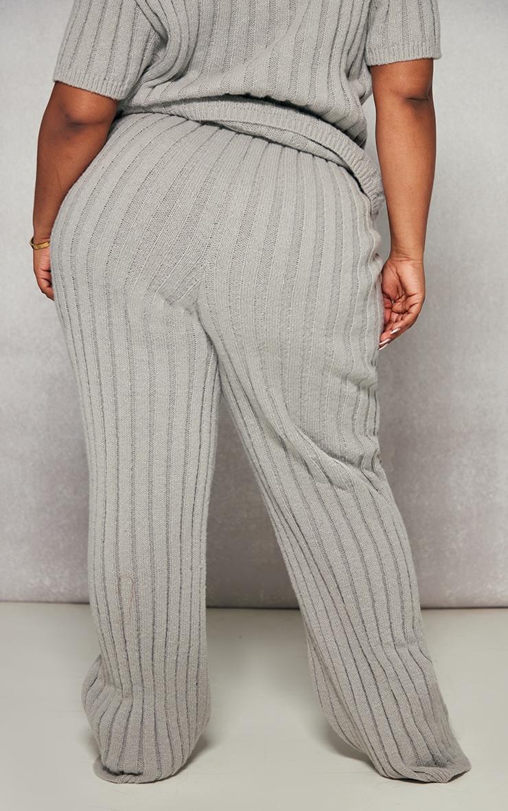 Plus Grey Brushed Rib Knit Wide Leg Pants Product Image