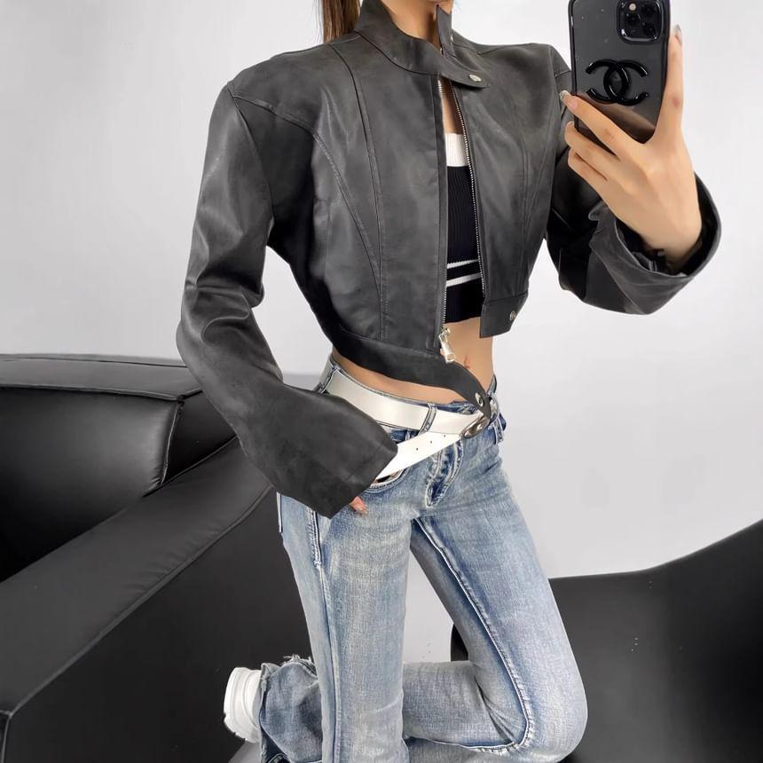 Faux Leather Zip-Up Crop Jacket Product Image