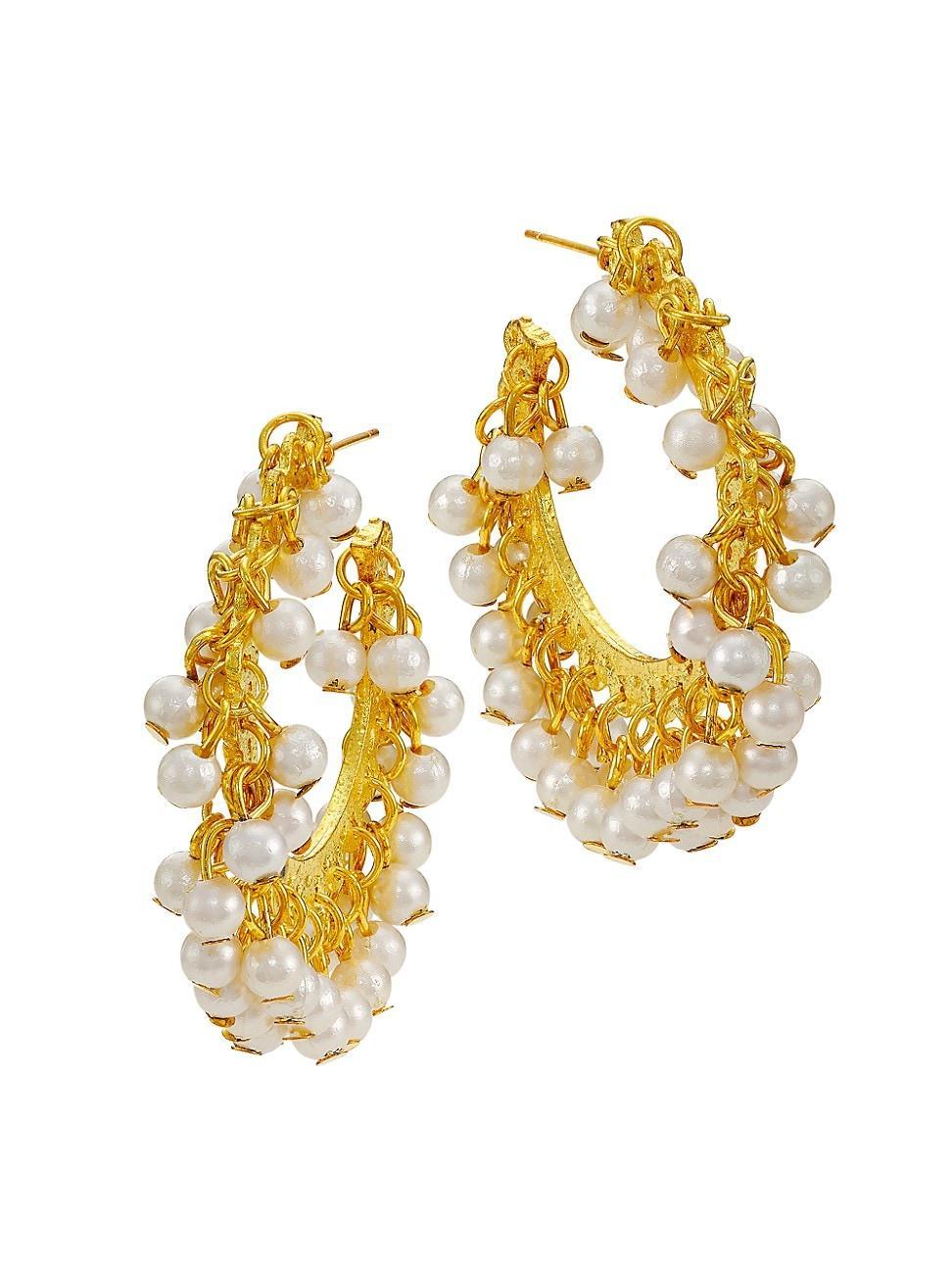 Womens Goldtone & Faux Pearl Hoop Earrings Product Image