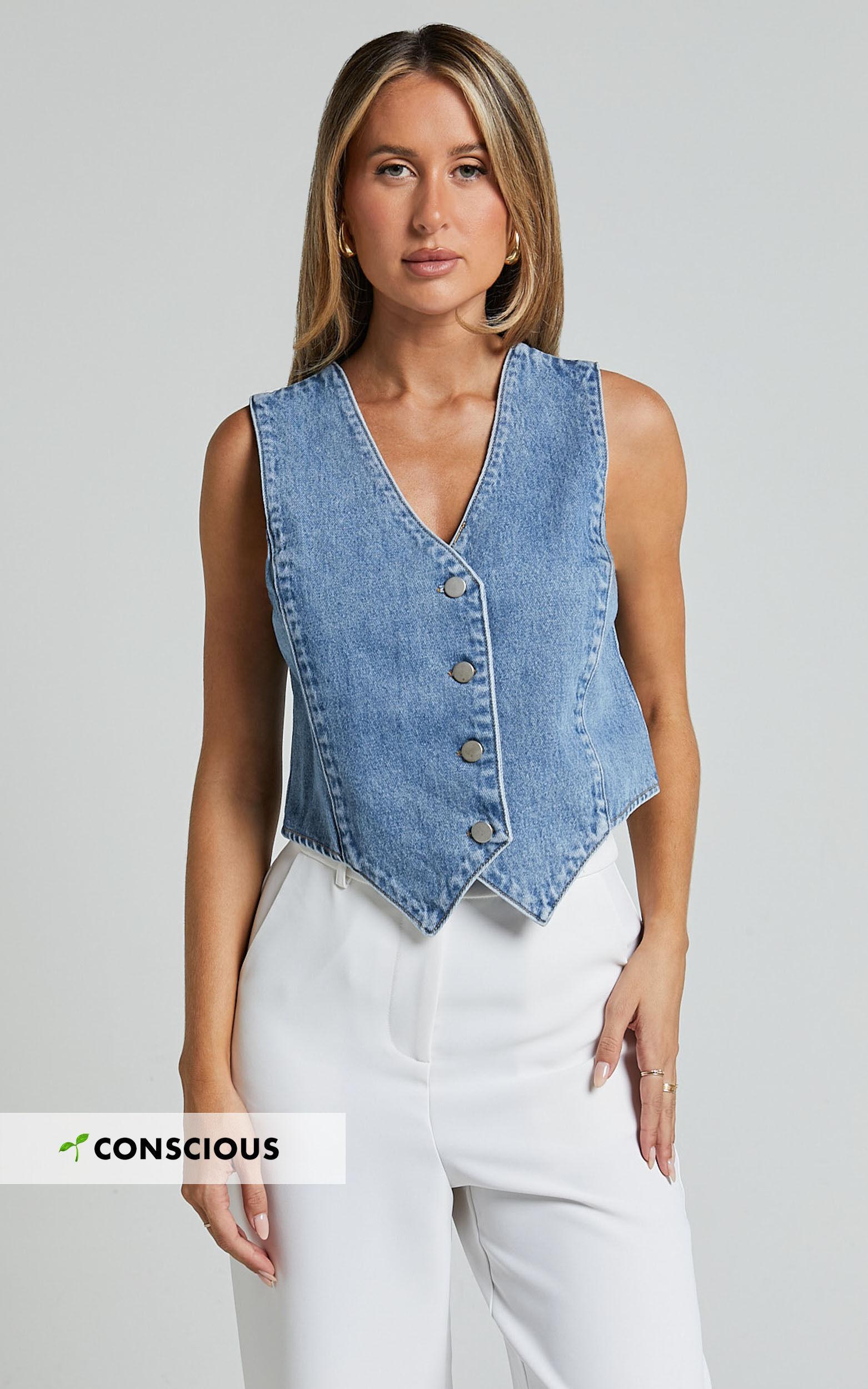 Adriene Top - Button Through Denim Vest in Mid Blue Wash Product Image