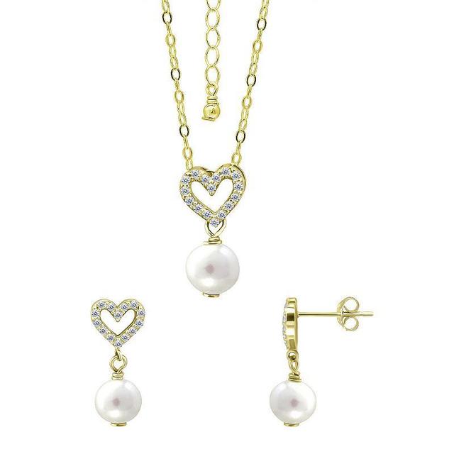 Aleure Precioso 18k Gold Over Silver Heart Shaped Cubic Zirconia & Freshwater Cultured Pearl Drop Pendant Necklace & Earrings Set, Womens Gold Tone White Product Image