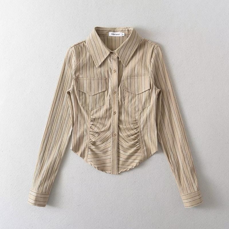 Long-Sleeve Collared Striped Ruched Shirt Product Image