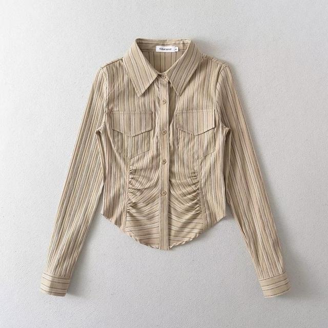 Long-Sleeve Collared Striped Ruched Shirt Product Image