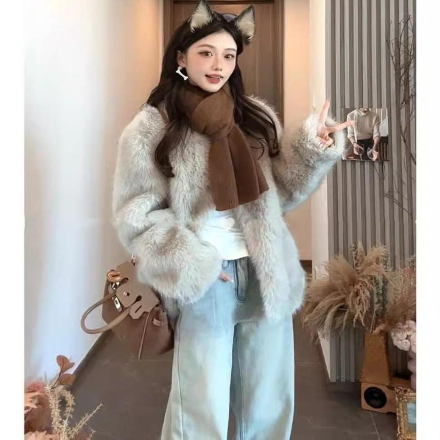 V-Neck Plain Fluffy Button Jacket product image