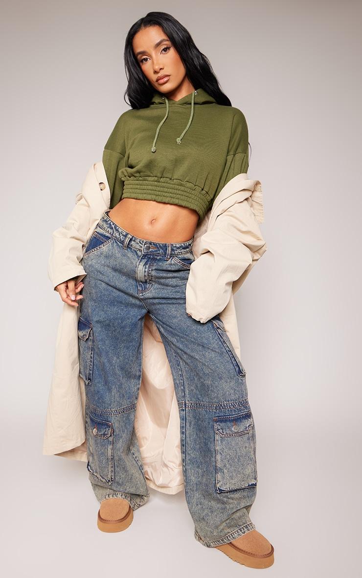 Khaki Cropped Elasticated Hem Hoodie Product Image