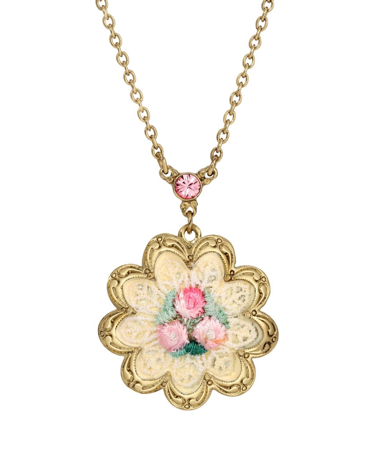 1928 White and Pink Knit Flower Pendant Necklace, Womens Product Image