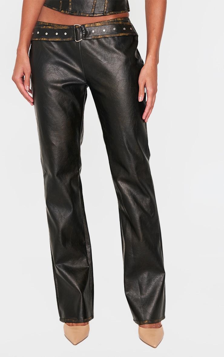 Brown Washed Faux Leather Belted Straight Leg Pant Product Image