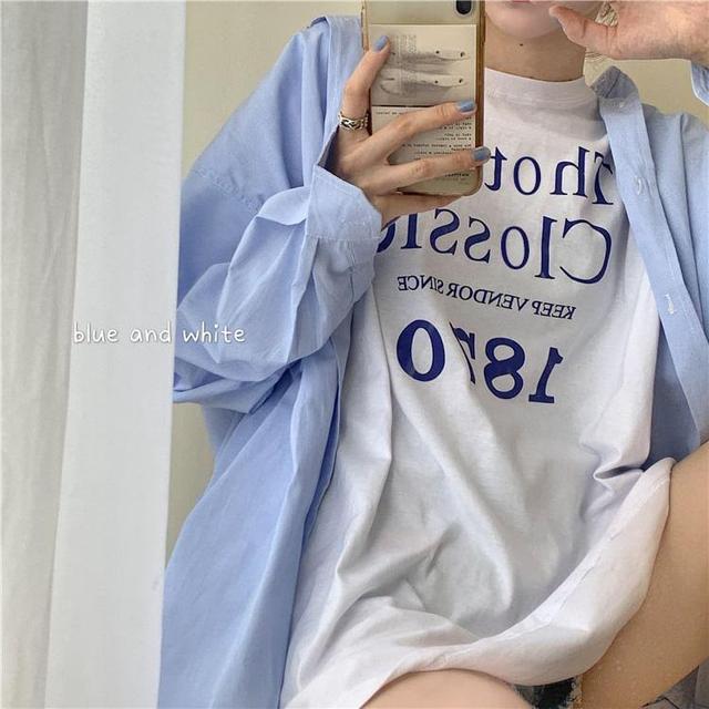 Long-Sleeve Plain Loose-Fit Shirt / Short-Sleeve Lettering T-Shirt Product Image