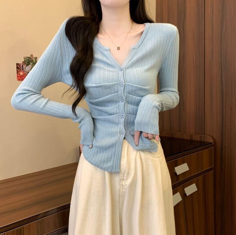 Long-Sleeve Notch Neck Plain Ribbed Button Knit Top Product Image