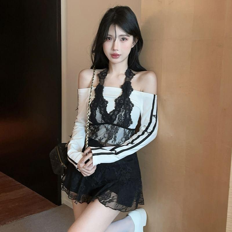 Long-Sleeve Striped Piping Crop Tee / Halter Neck Lace Top Product Image