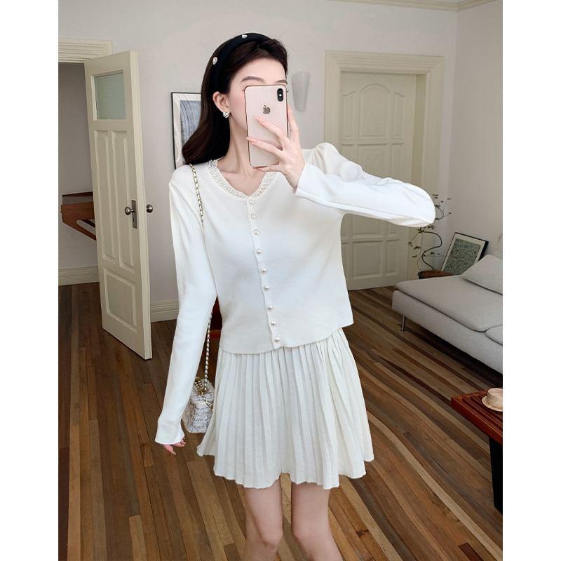 Set: Plain Lace Trim Cardigan + High Waist Pleated Mini A-Line Skirt Product Image