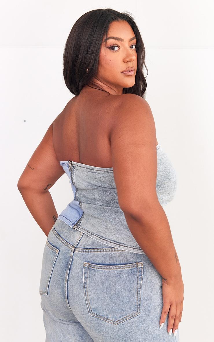 Plus Washed Blue Contrast Stretch Denim Corset Top Product Image