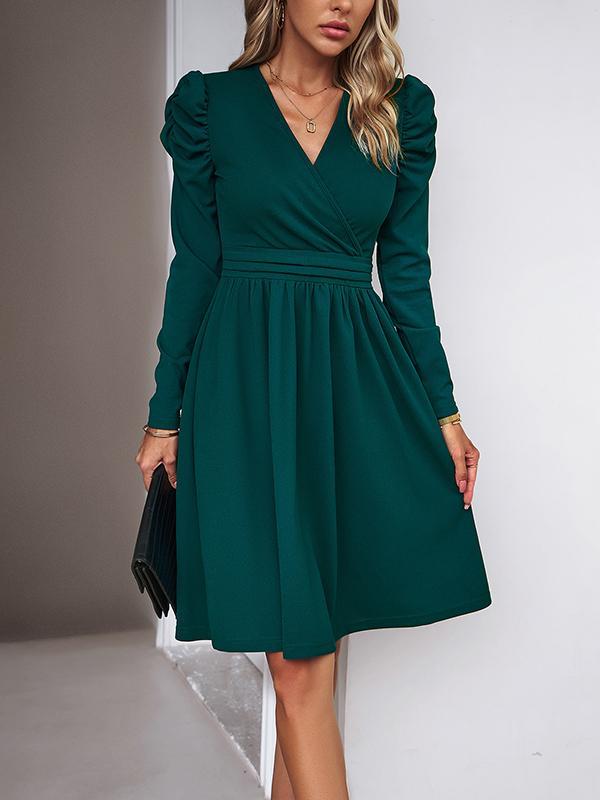 Puff Sleeves Skinny Pleated Solid Color Split-Joint V-Neck Midi Dresses product image