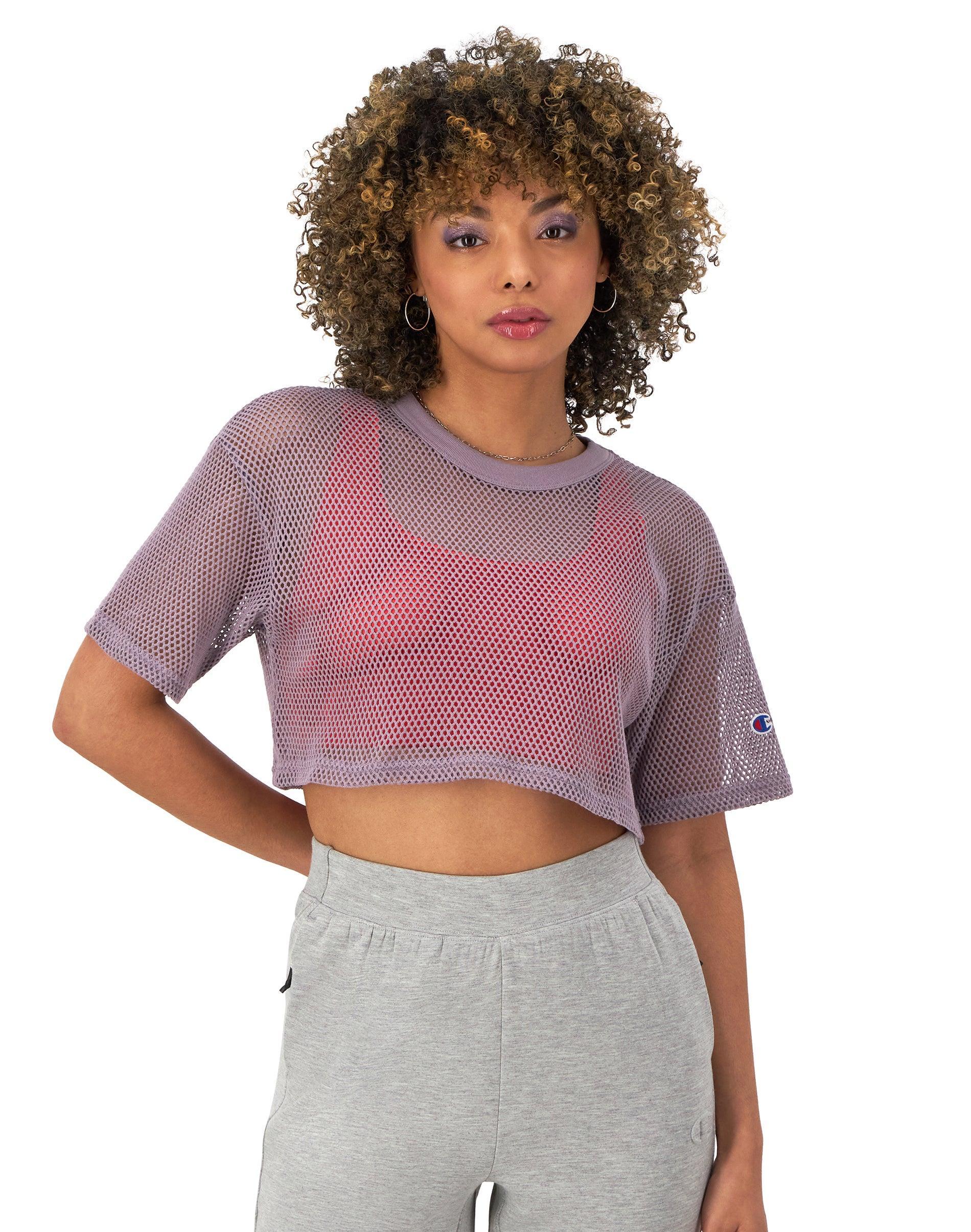 Womens Champion Mesh Shirt, Cropped, C Logo Frosted Plum L Product Image