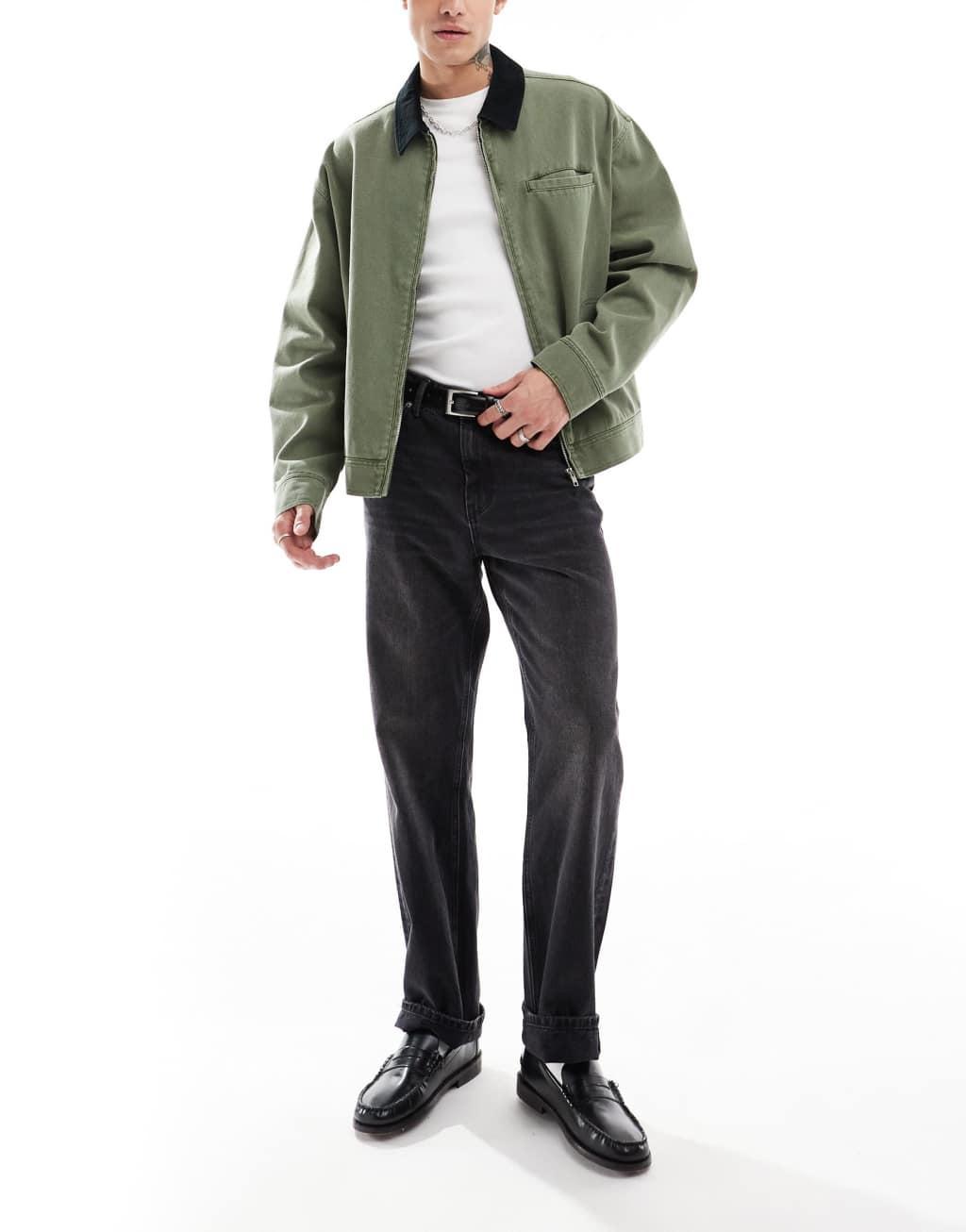 ASOS DESIGN oversized washed harrington jacket with cord collar in khaki Product Image