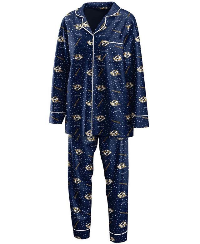 Womens WEAR by Erin Andrews Navy Nashville Predators Long Sleeve Button-Up Shirt & Pants Sleep Set Pdt Blue Product Image