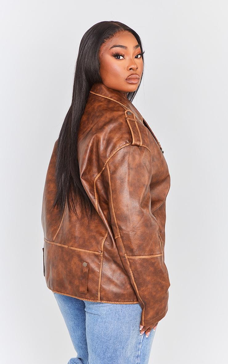 Plus Brown Distressed Faux Leather Biker Jacket Product Image