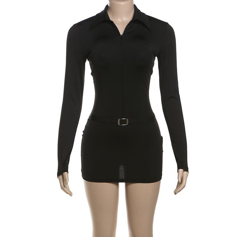 Long-Sleeve Collared Plain Buckled Half-Zip Mini Bodycon Dress Product Image