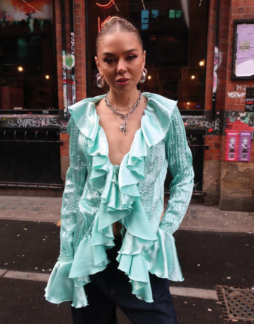 Labelrail x Daisy Birchall ruffle pleated blouse in turquoise Product Image