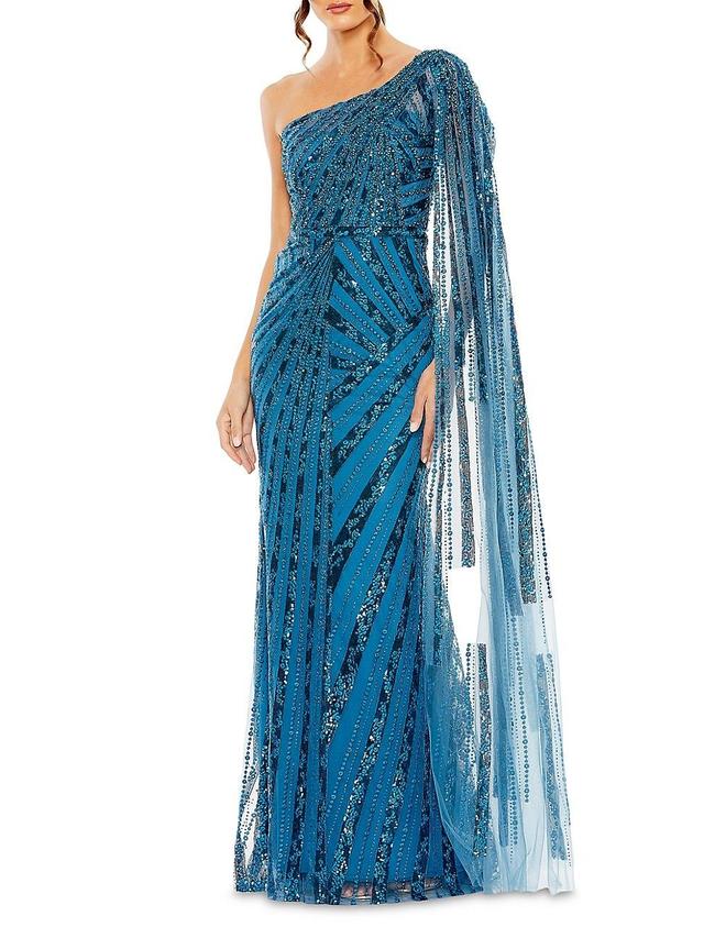 Mac Duggal Sequin Cape Sleeve One-Shoulder Gown Product Image