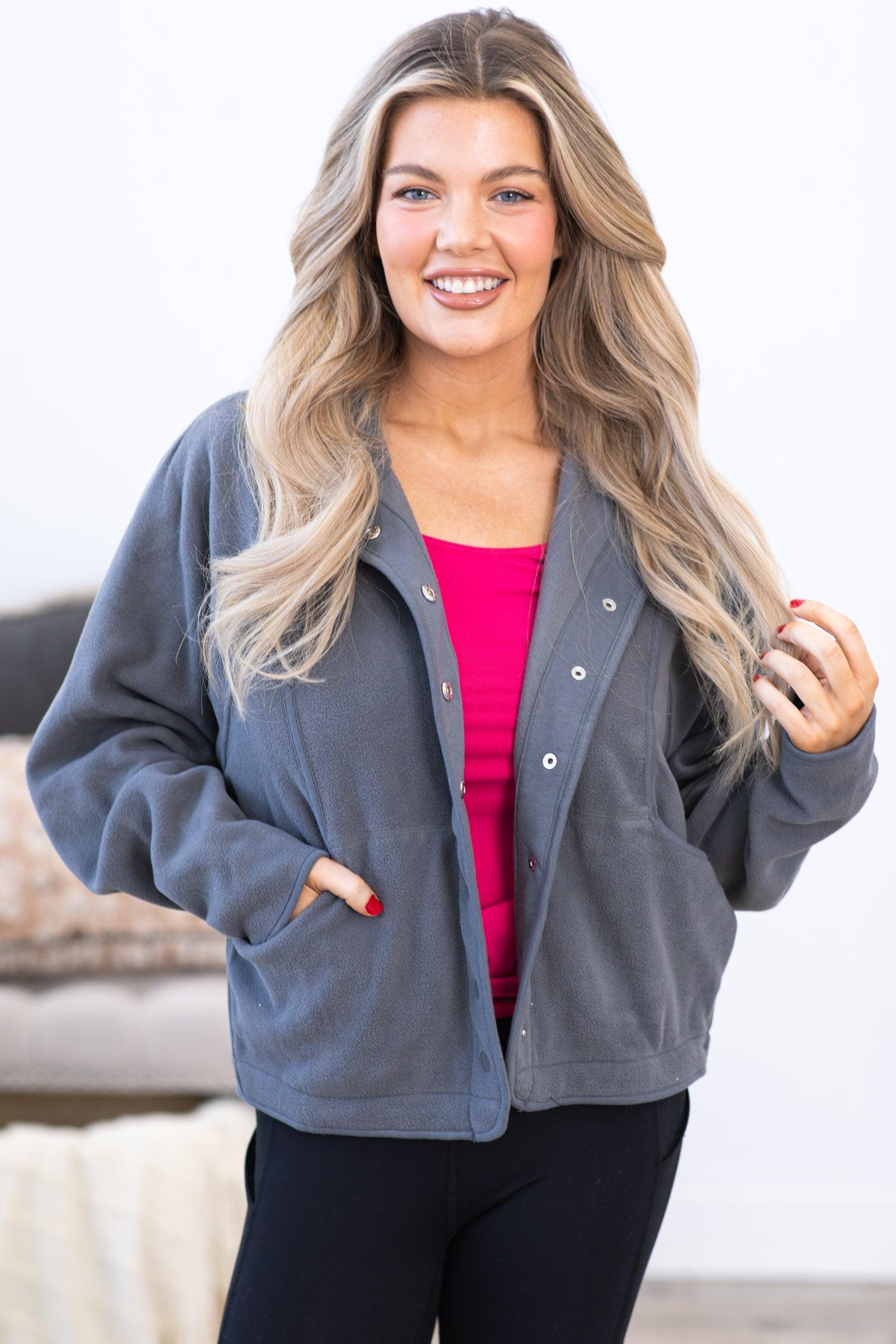 Grey Fleece Button Down Jacket with Pockets Product Image