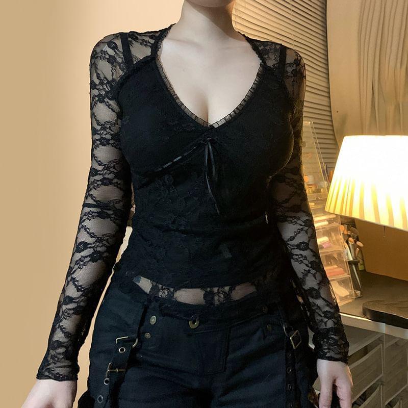 Long-Sleeve V-Neck Frill Trim Tie Front Lace Slim Fit Crop Top Product Image