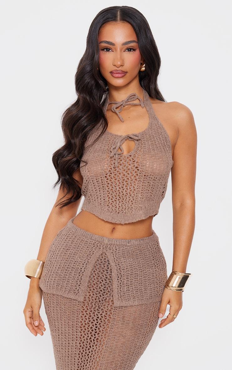 Petite Taupe Knitted Halterneck Cut Out Top With Tie Details product image