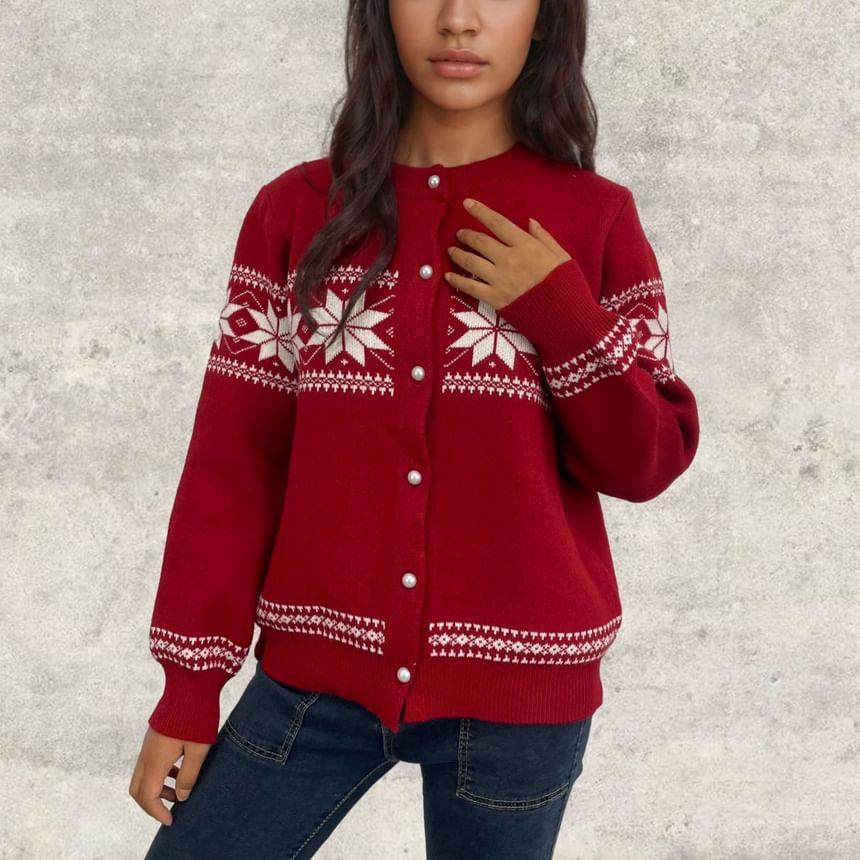 Crew Neck Snowflake Patterned Cardigan Product Image