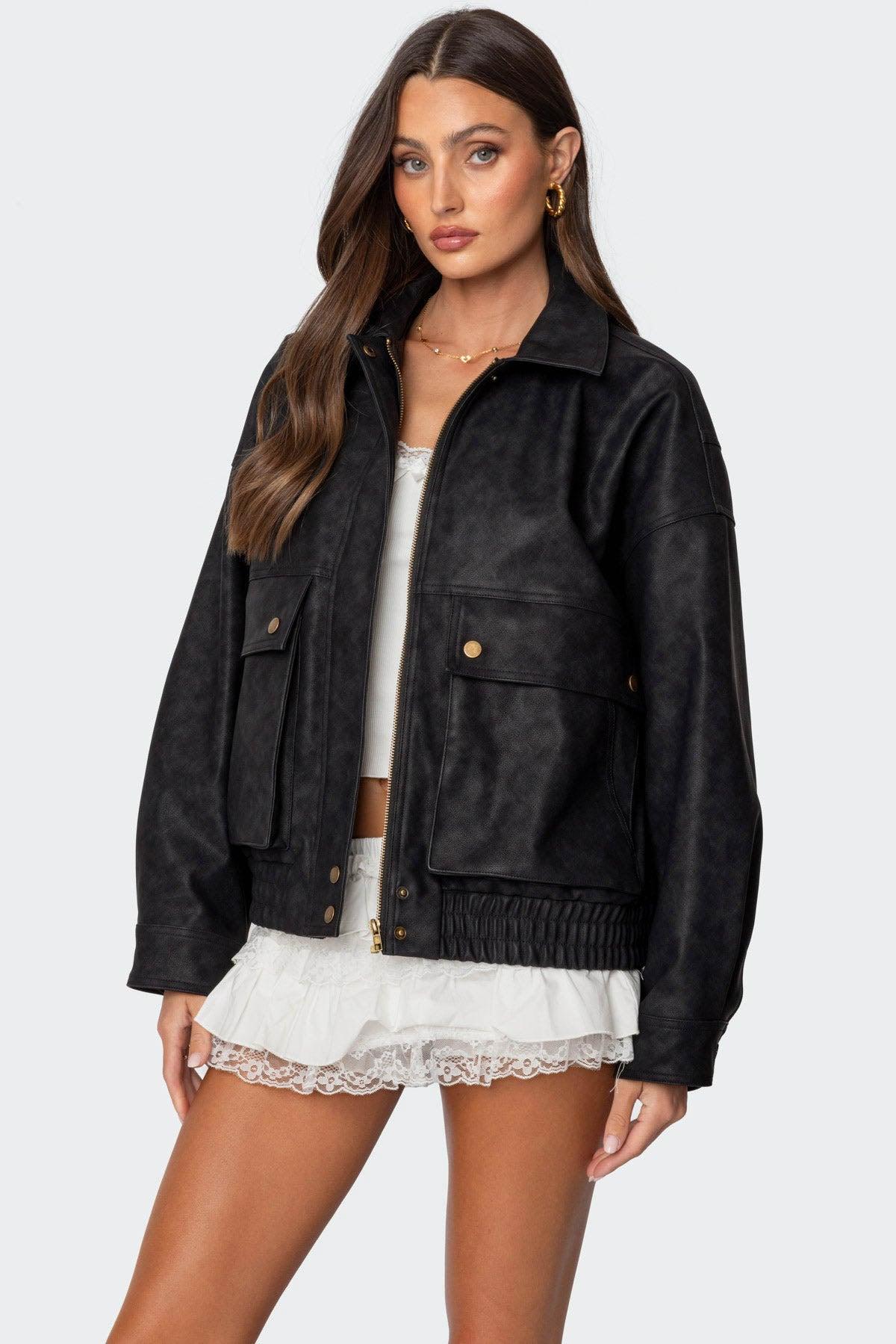 Cargo Faux Leather Bomber Jacket Product Image